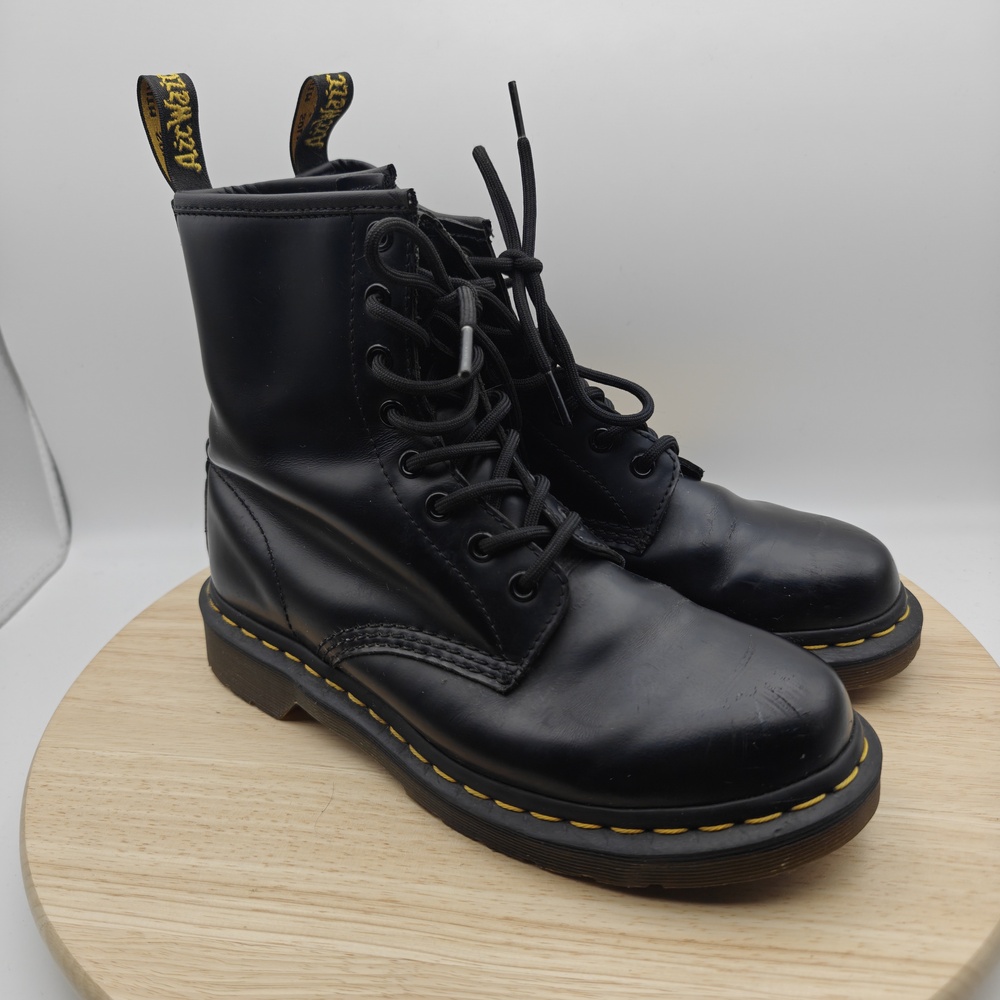 Dr. Martens 1460 W Boots Womens Size 8 Black Combat Ankle Lace Up Yellow Stitch